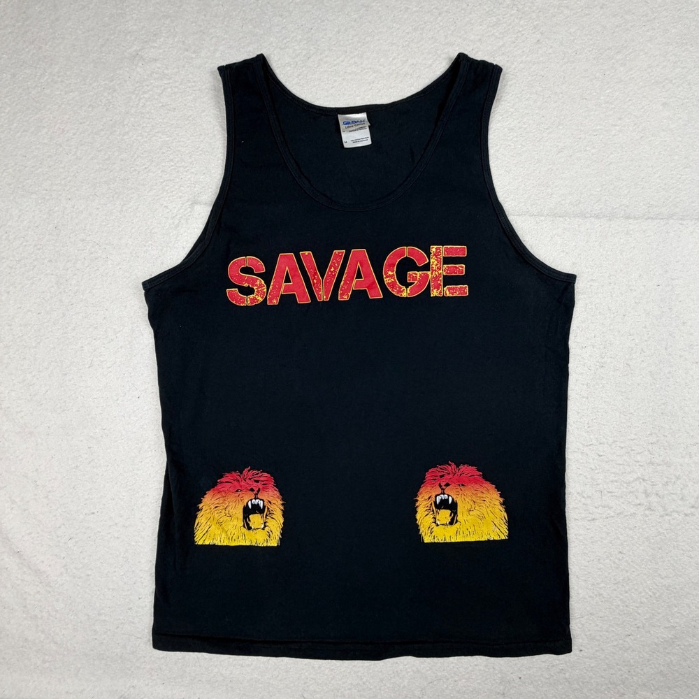 Gildan Ultra Cotton Savage Roaring Lion Graphic Tank Top Black Mens Medium